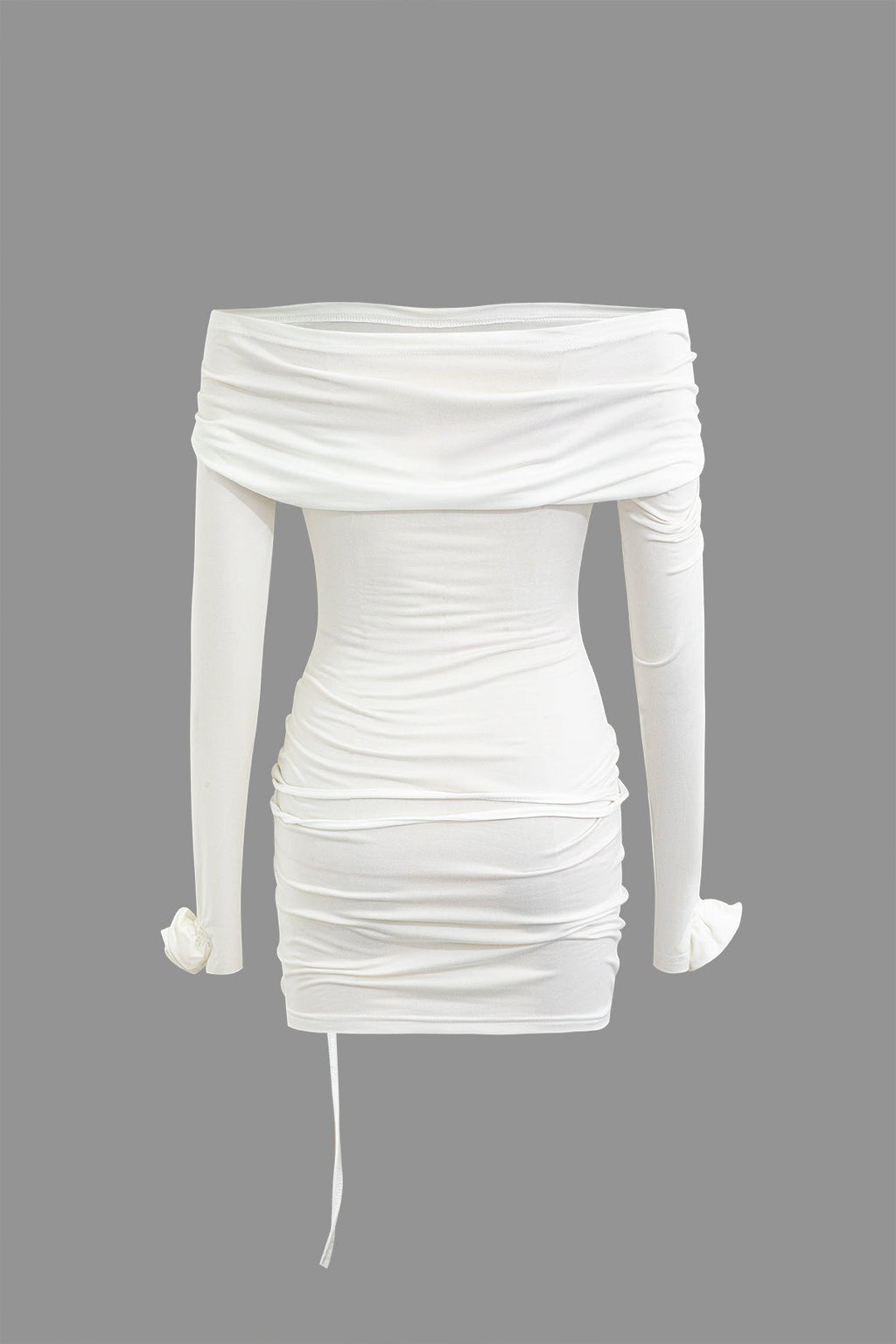 Düz Renk 3D Çiçekli Uzun Kollu Mini Elbise