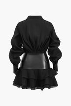 Şifon Suni Deri Yama Detaylı Volanlı Uzun Kollu Mini Elbise