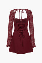 Dantel Patchwork Bağcıklı Mini Elbise