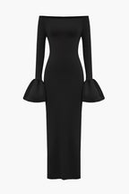 Katı Saten Düşük Omuz Yırtmaçlı maksi Elbise