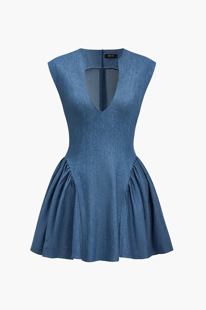 Düz Dantelli V Yaka Denim Elbise