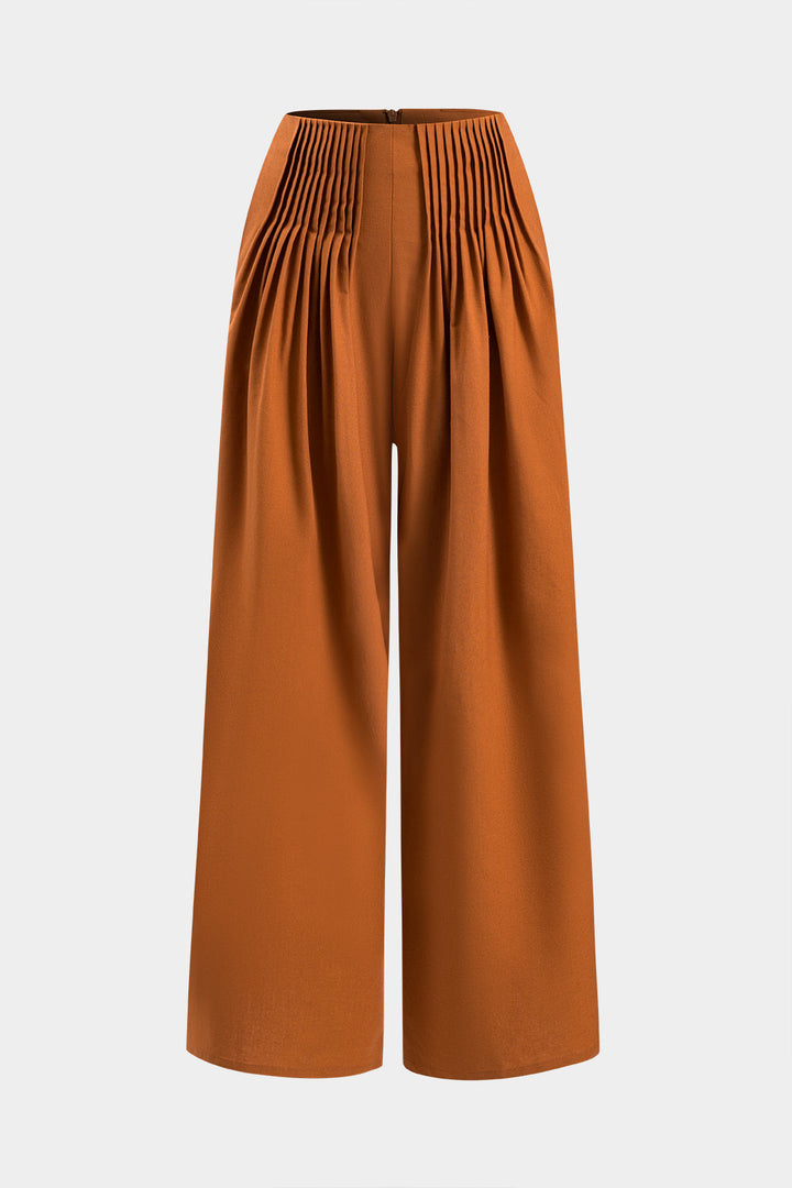 Linen Pileli Fermuarlı Bol Paça Pantolon