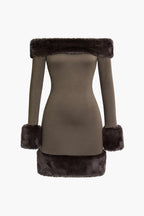 Kürk Detaylı Düşük Omuz Midi Elbise