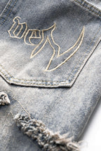 Harf Nakışlı Yıkamalı Denim Düğmeli Cep Jean