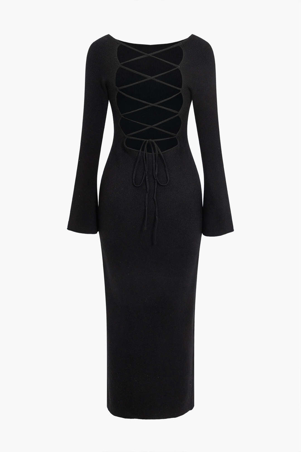 Katı Örgü Çan Kollu Bağcıklı Sırtı Açık maksi Elbise