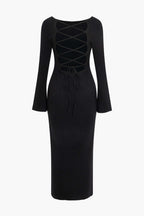 Katı Örgü Çan Kollu Bağcıklı Sırtı Açık maksi Elbise