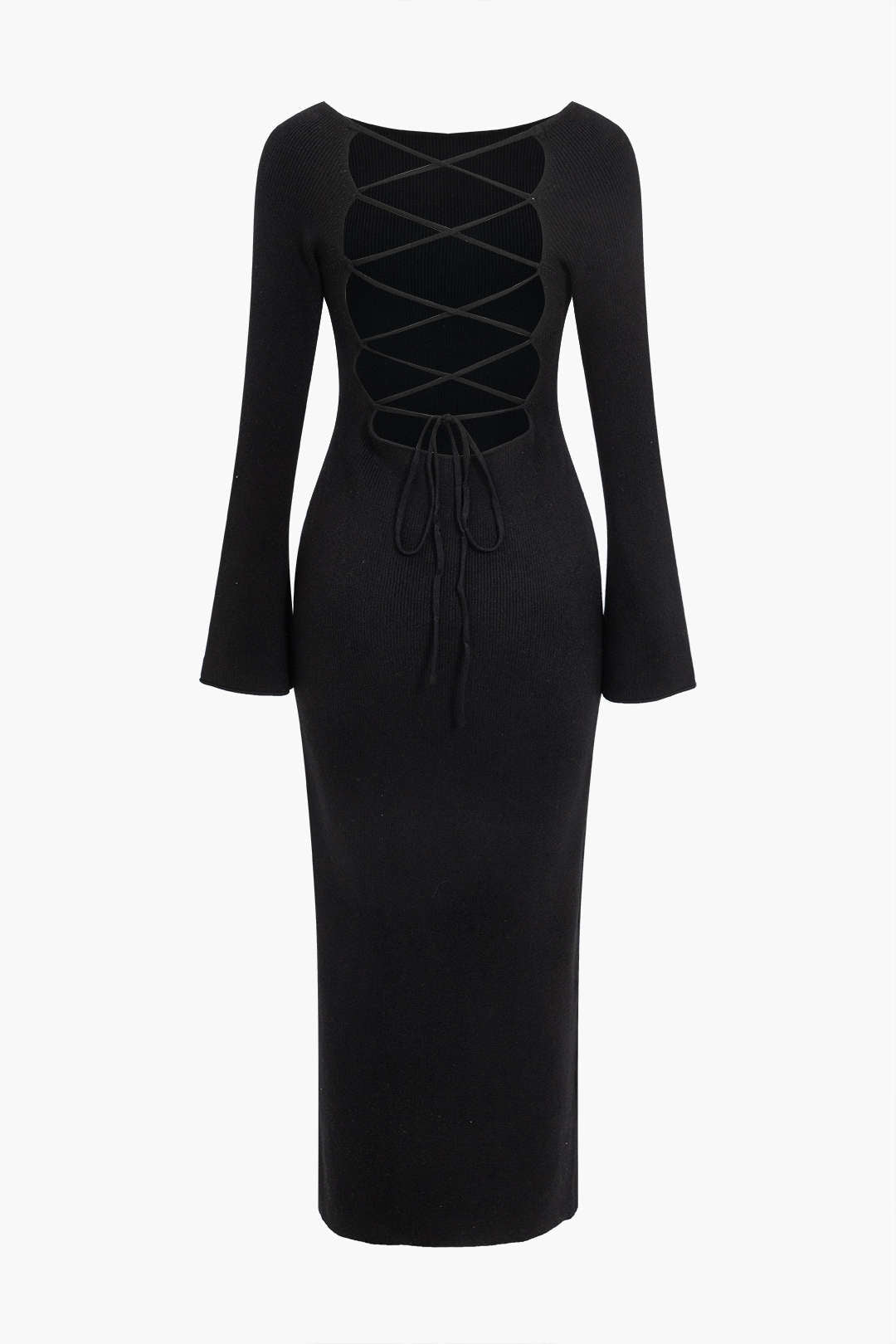 Katı Örgü Çan Kollu Bağcıklı Sırtı Açık maksi Elbise