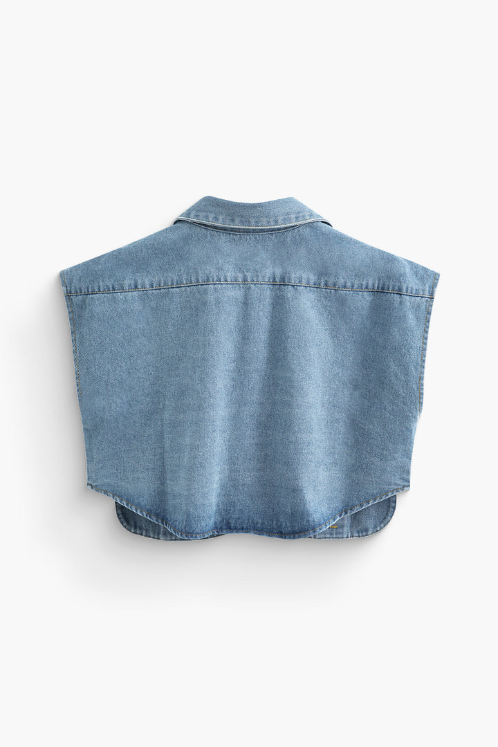 Asimetrik Düğmeli Kapaklı Cep Crop Denim Yelek