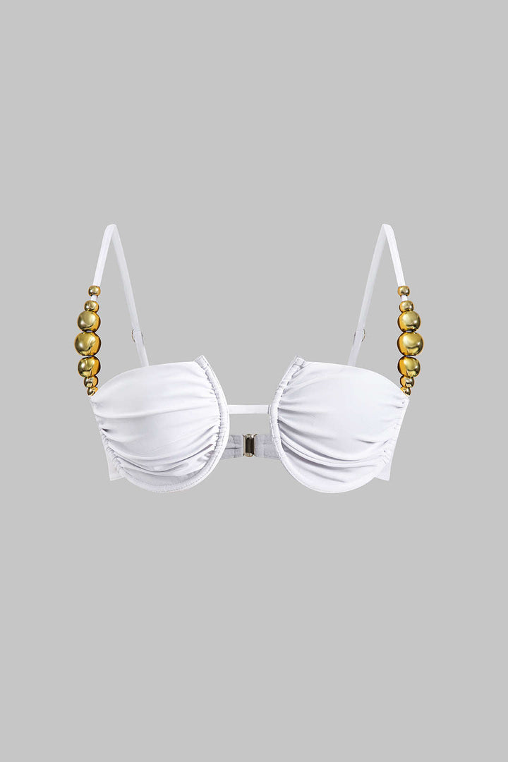 Boncuk Detaylı Büzgülü Düğme Bağlamalı Sırt Dekolteli Bikini Takımı