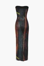 Soyut Desenli File Straplez Midi Elbise