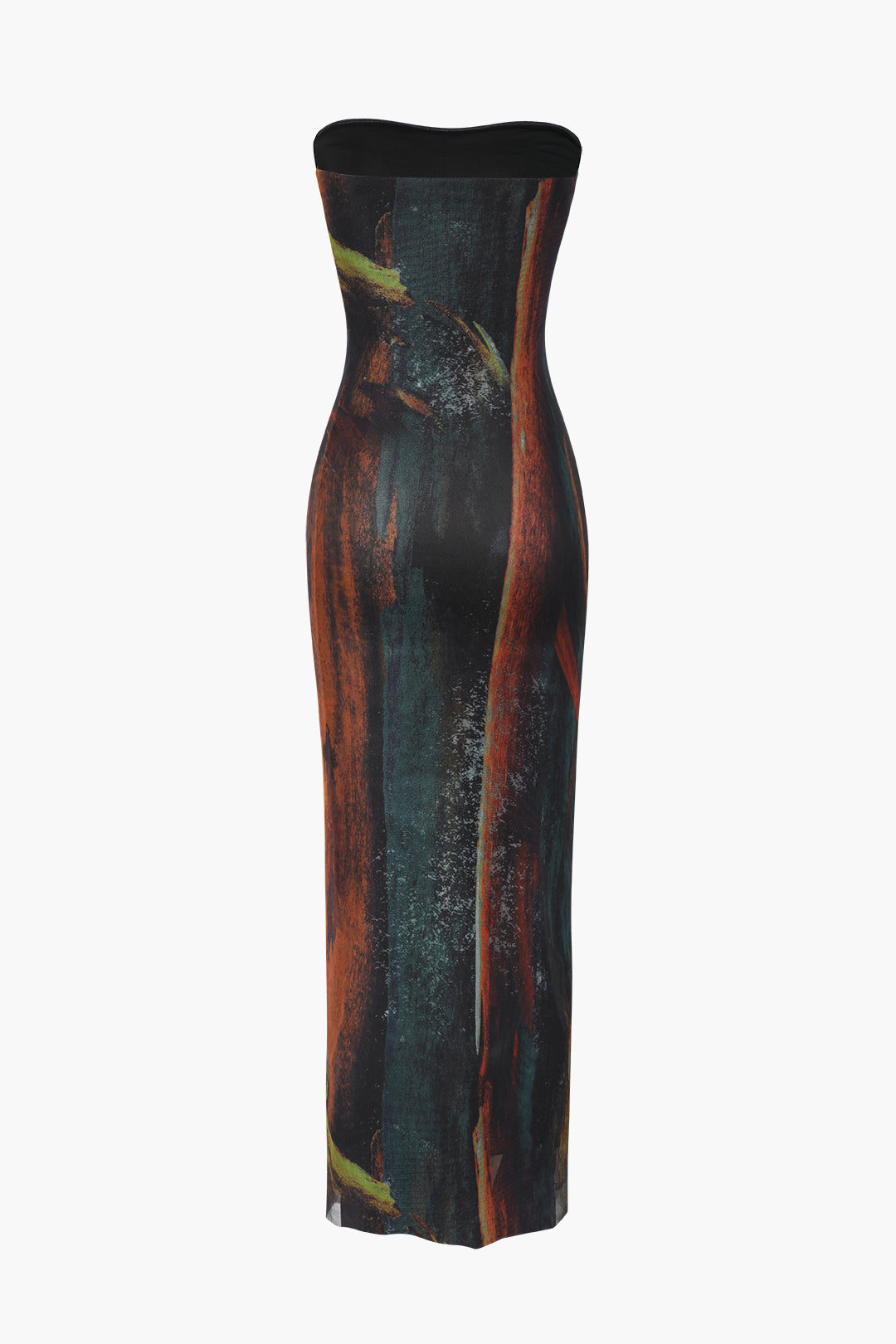 Soyut Desenli File Straplez Midi Elbise