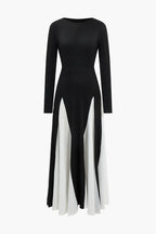 Renk Bloklu Uzun Kollu maksi Elbise