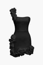 Tek Omuzlu Fırfırlı Mini Elbise