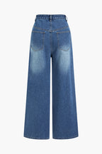 Denim Düğmeli Asimetrik Geniş Paça Jean