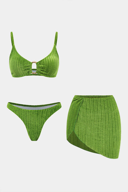 Kadife Dokulu Bikini ve Mayo Eteği Pareo 3 Parça Takım