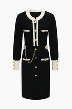 Örgü Zincir Düğmeli Uzun Kollu midi Elbise