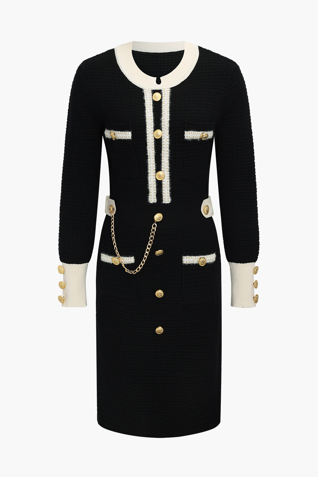 Örgü Zincir Düğmeli Uzun Kollu midi Elbise