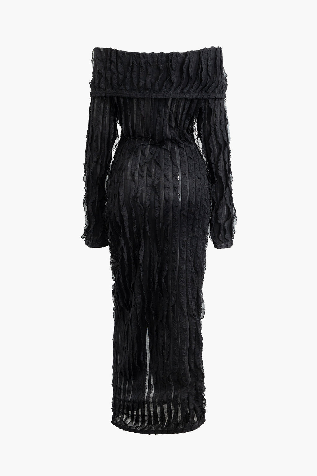 Düşük Omuzlu Dokulu Düğmeli Yırtmaçlı Uzun Kollu maksi Elbise