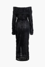 Düşük Omuzlu Dokulu Düğmeli Yırtmaçlı Uzun Kollu maksi Elbise