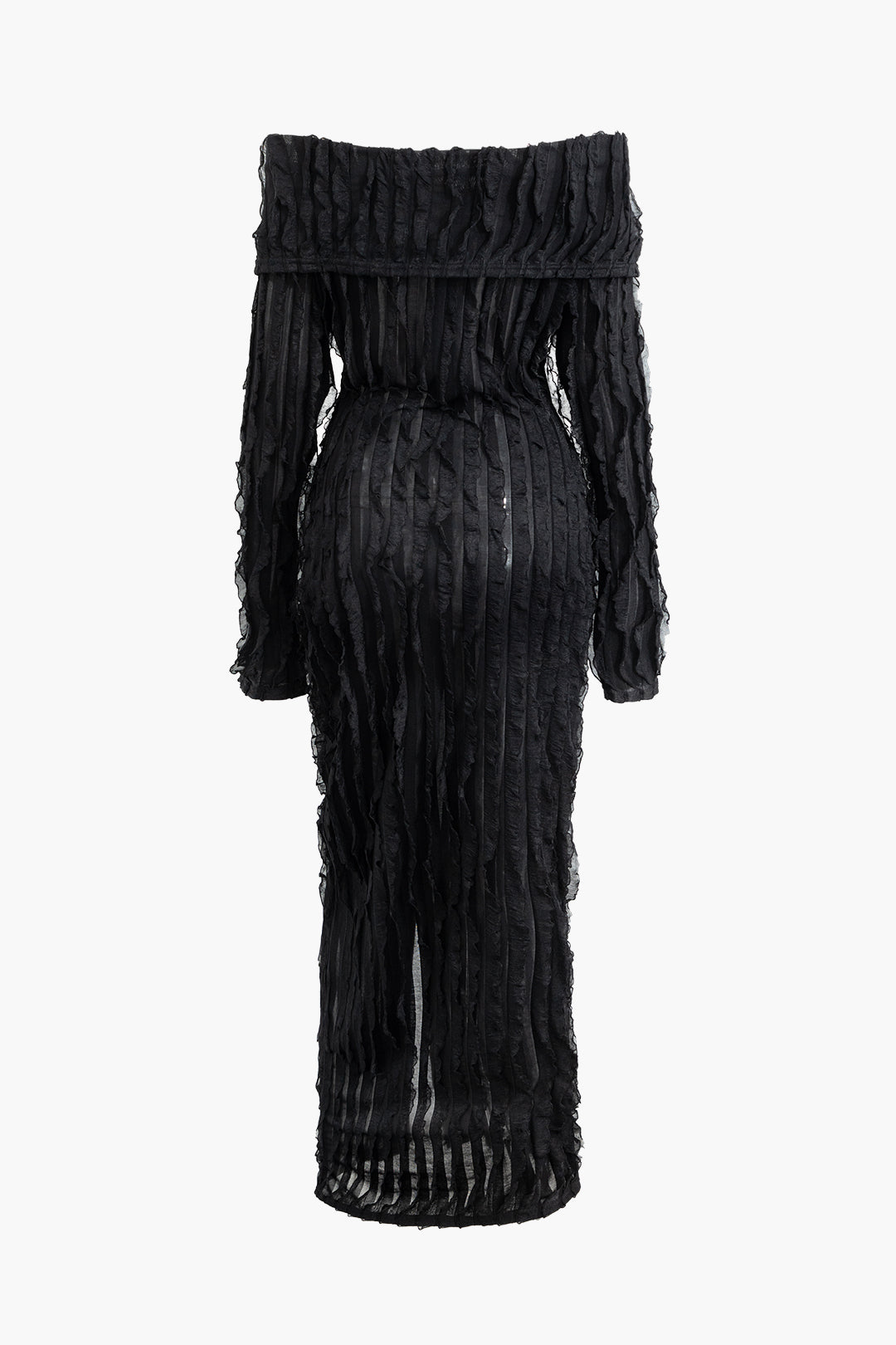 Düşük Omuzlu Dokulu Düğmeli Yırtmaçlı Uzun Kollu maksi Elbise