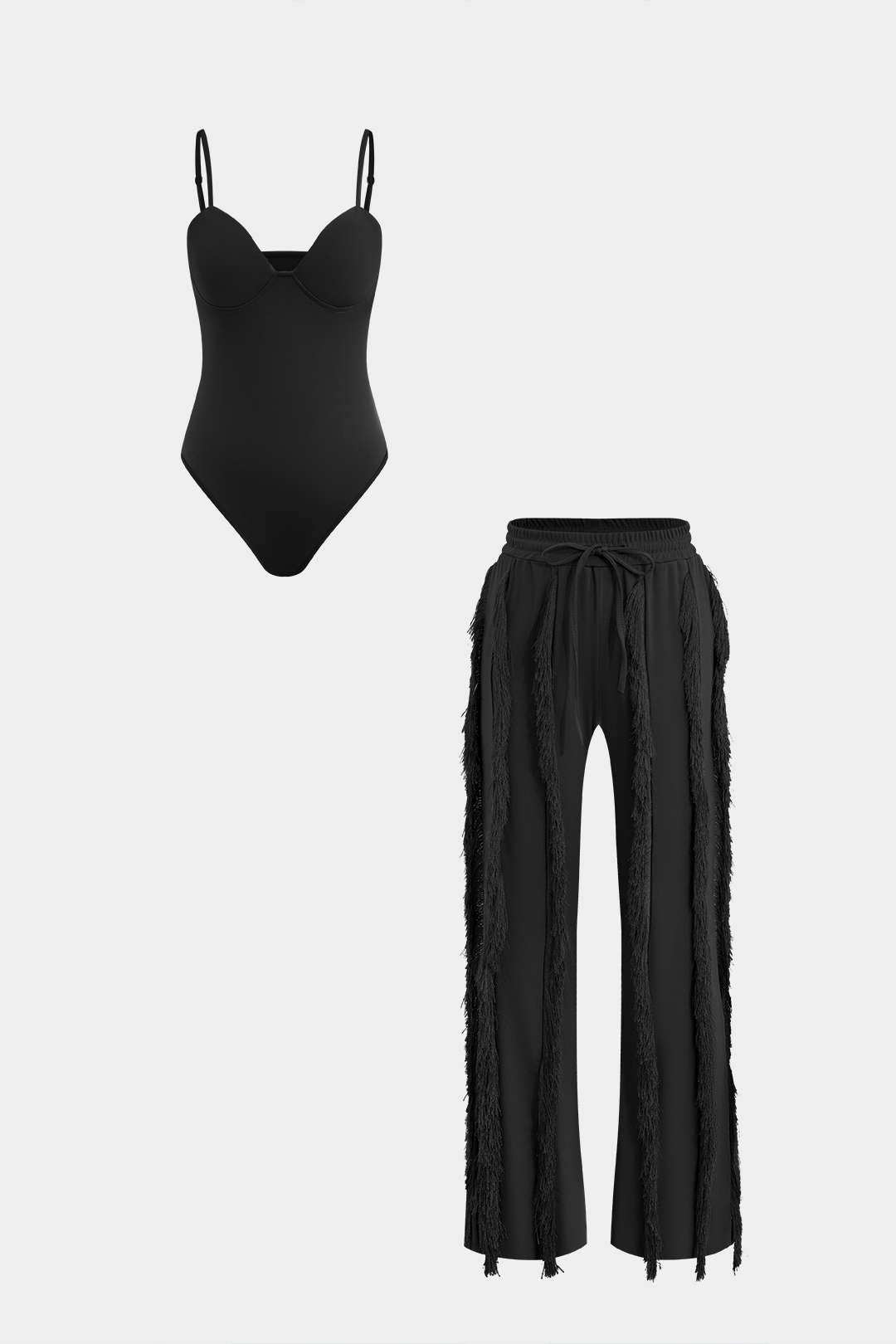 Büstiyer Askılı Bodysuit ve Geniş Paça Pantolon Seti