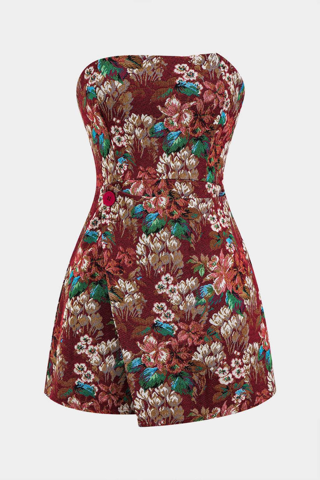 Jakarlı Düğme Fermuarlı Straplez Mini Elbise