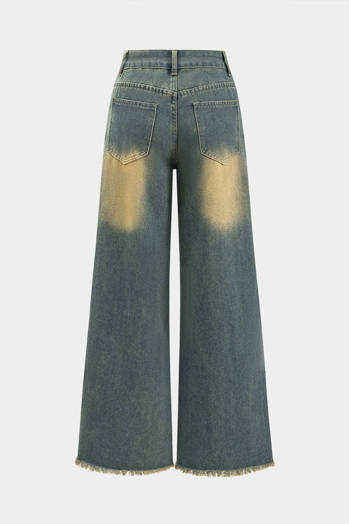 Püsküllü Cepli Düğmeli Bol Paça Denim Pantolon
