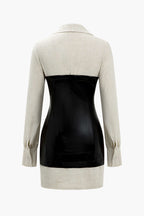 Düğmeli Patchwork Deri Mini Elbise