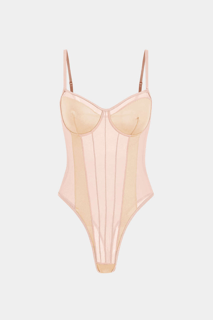 Ağ Detaylı Sırt Açık Şeffaf Patchwork Korseli Askılı Bodysuit