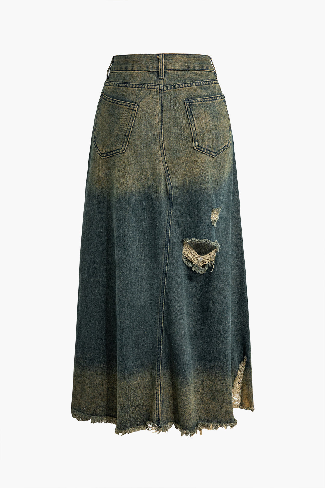 Yıpranmış Kesik Düğmeli Yıkanmış Denim Etek