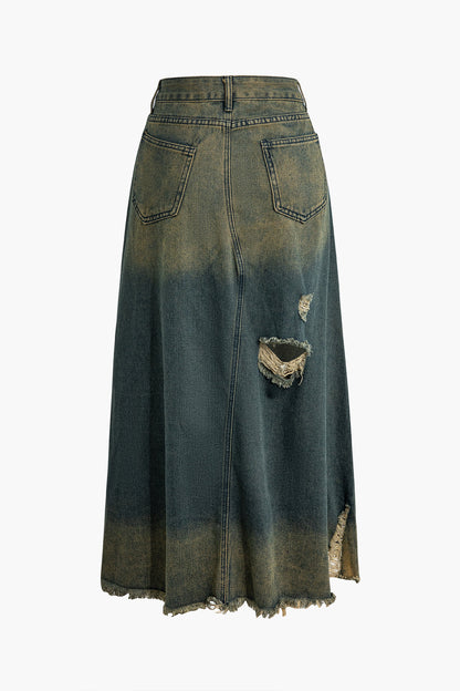 Yıpranmış Kesik Düğmeli Yıkanmış Denim Etek