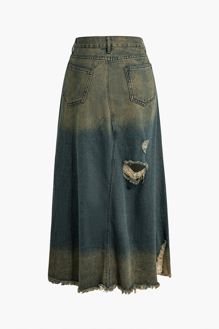 Yıpranmış Kesik Düğmeli Yıkanmış Denim Etek