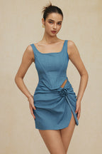 3D Çiçek Dantelli Tank Denim mini Elbise