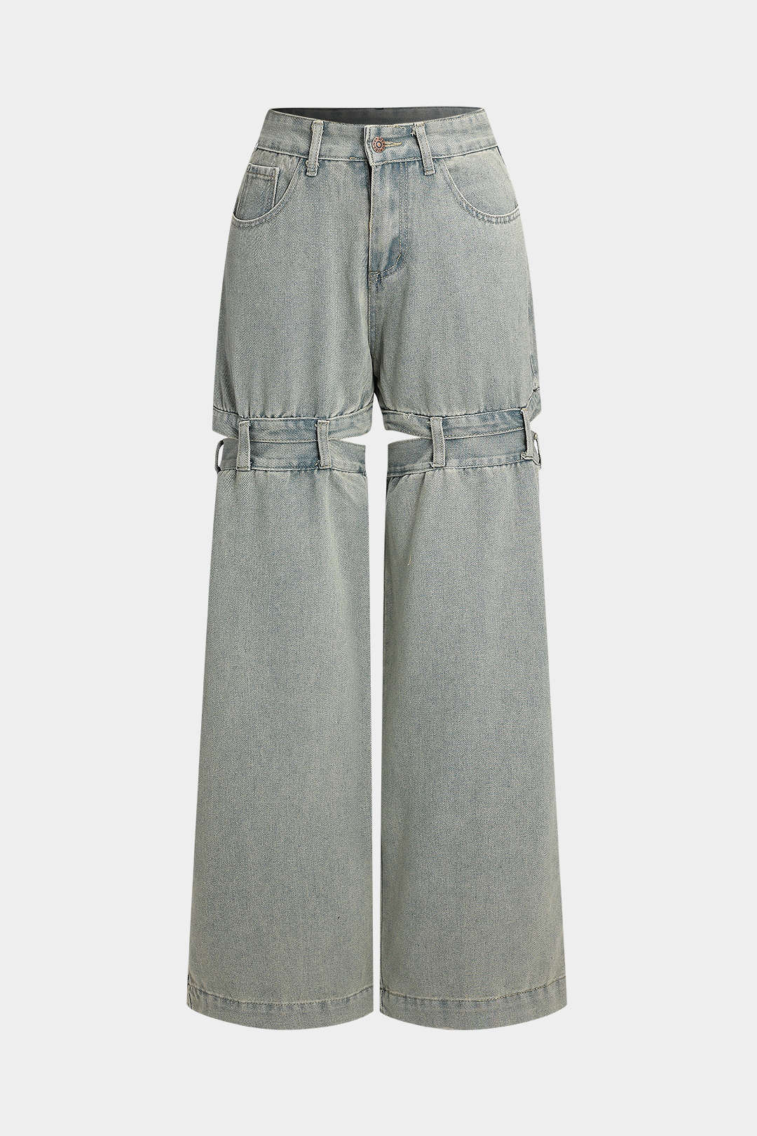 Denim Kesik Detaylı Düğmeli Cep Geniş Paça Jean