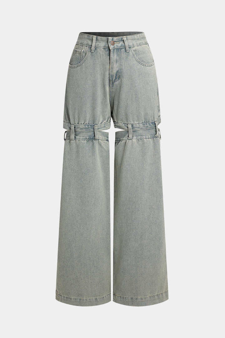 Denim Kesik Detaylı Düğmeli Cep Geniş Paça Jean