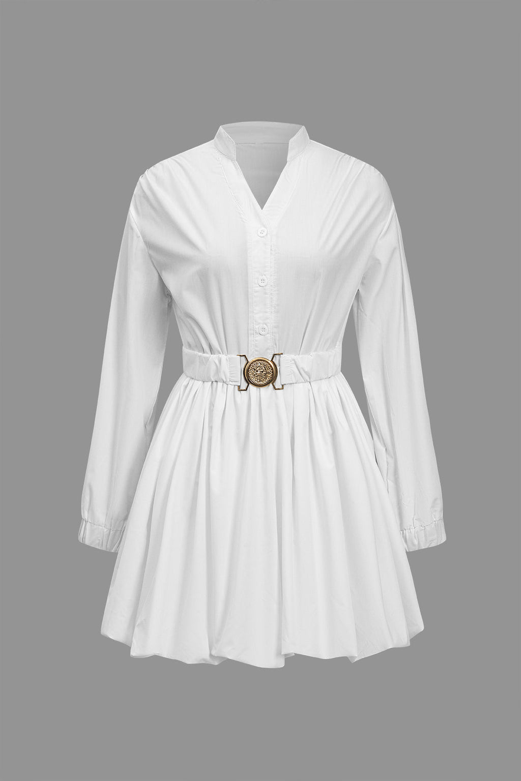 Düz Dik Yaka Uzun Kollu Kuşaklı Mini Elbise