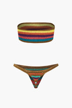 Gökkuşağı Desenli Şeritli Tığ İşi Bikini Takımı