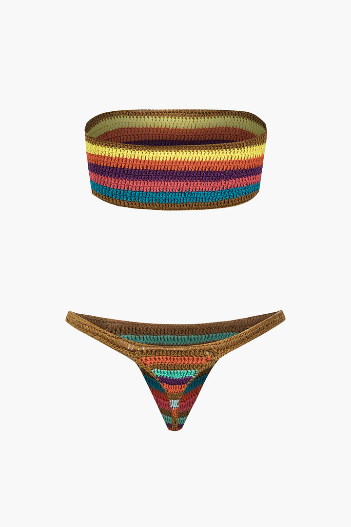 Gökkuşağı Desenli Şeritli Tığ İşi Bikini Takımı