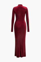 Kadife Kıvrımlı Dantelli Uzun Kollu maksi Elbise