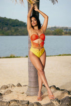 Kontrast Metalik Büzgülü Kesik Detaylı Karın Toparlayıcı Tek Parça Mayo