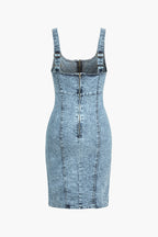 Denim Yırtmaçlı Fermuar Tank Mini Elbise