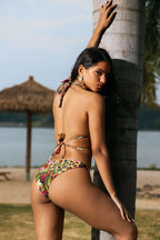 Tropikal Desenli Strass Detaylı Askılı Bikini Takımı