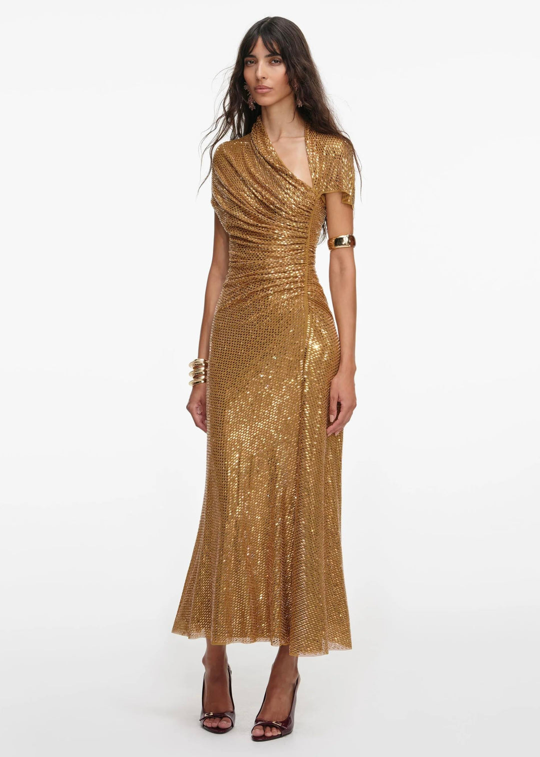 Gold Kristal Taşlı Midi Elbise
