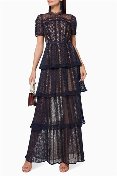 Lacivert Dantel Maksi Elbise