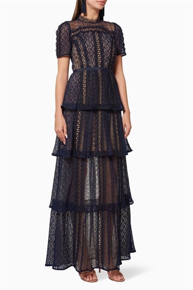 Lacivert Dantel Maksi Elbise