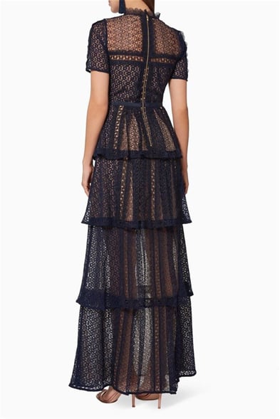 Lacivert Dantel Maksi Elbise