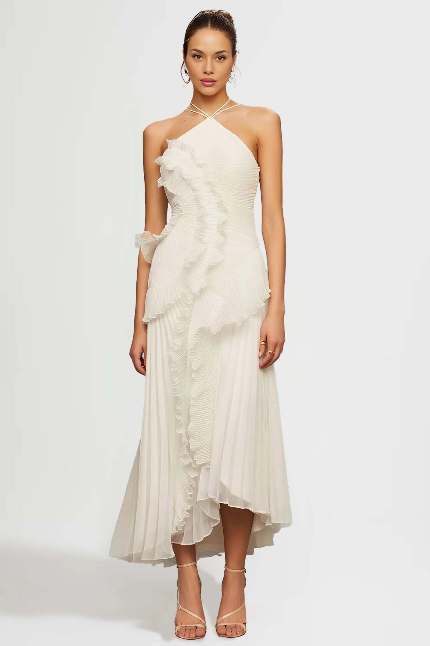 Fırfır Detaylı Halter Midi Elbise